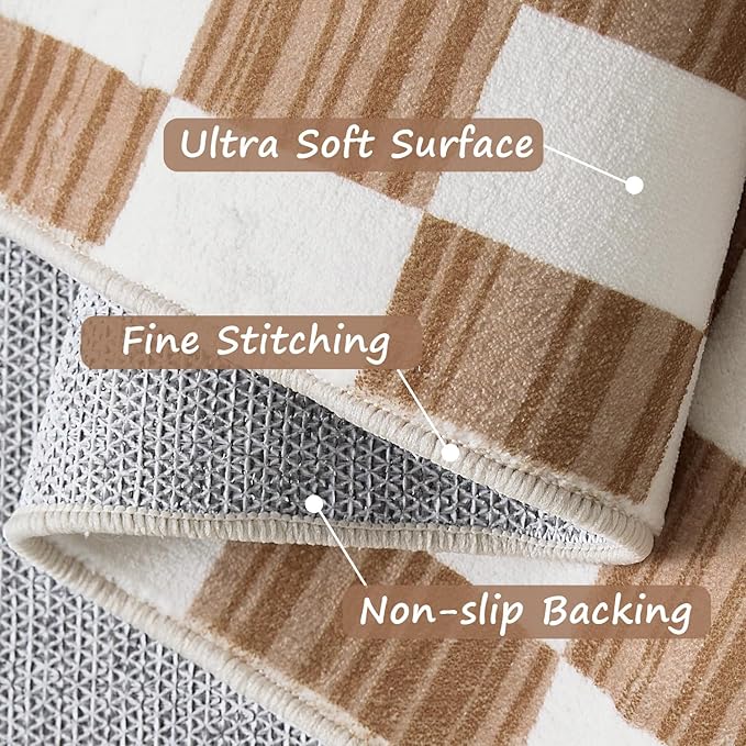 jinchan 4x6 Area Rug Washable Modern Checkered Rug for Kids Room, Brown | Geometric Lattice, Soft, Non-Slip, Floor Carpet, Kitchen, Nursery, Bedroom, Living Room, Dining Room, Nursery, Playroom