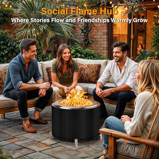 HGD 20" Smokeless Firepit with Stand, Stainless Steel Wood Burning Fire Pit for Friends & Family Gatherings, Secondary Combustion Outdoor Patio Stove for Garden BBQ & Bonfire (Black)