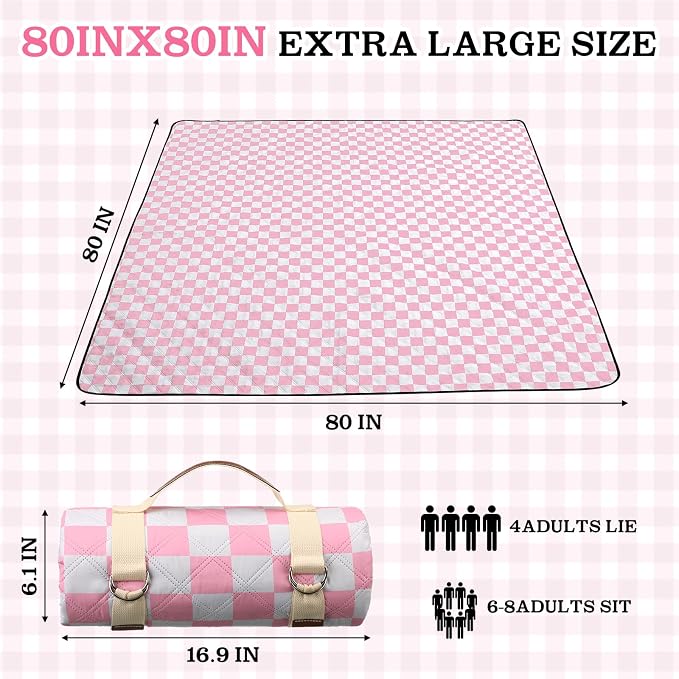Nuanchu Checkered Picnic Blanket Extra Large Outdoor Blanket Sandproof 80"x80" Waterproof Portable Machine Washable 3 Layer Thick Gingham Picnic Mat for Beach Camping Park Grass Travel (Light Pink)