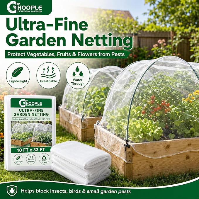 HOOPLE Garden Netting 10 FT x 33 FT, Ultra-Fine Mesh Plant Cover, Bug Netting for Garden, Insect Pest Barrier Row Cover for Vegetables, Fruits & Flowers, Lightweight Breathable Garden Mesh Netting
