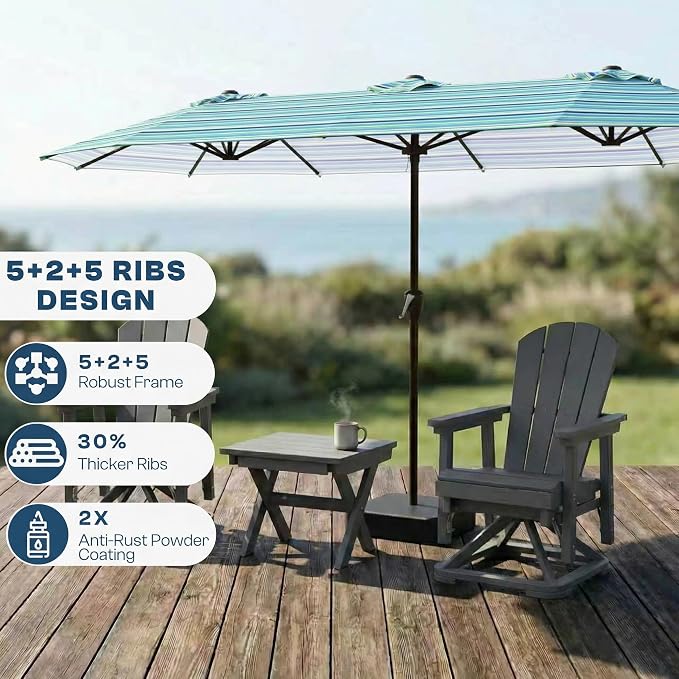 15FT Large Patio Umbrella with Base Included, Double Sided Outdoor Market Umbrella with Flexible Fiberglass Ribs, UV-Blocking Extra Large Umbrella for Garden, Pool, Deck, Green Stripes