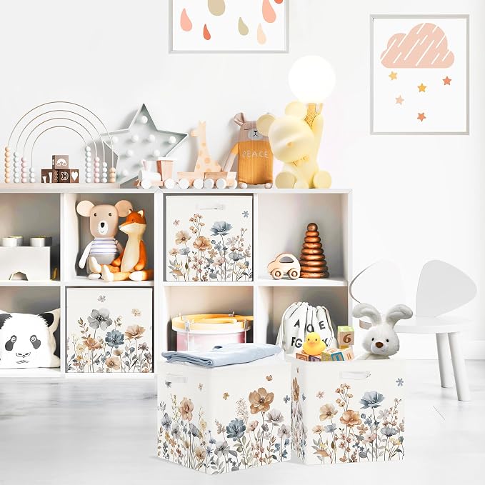 Clastyle Flowers Storage Cube Organizer Set Handle Closet Clothes Cube with Metal Frame Foldable Parents Organizer Storage Basket for Book Toy,Boho Brown,11.8x11.8x11.8 in