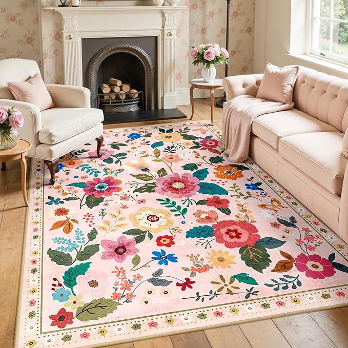 RELEANY Floral Washable 5x8 Area Rugs Pink | Flower Carpet, Print, Boho, Non-Slip, Easy to Clean, Soft, Low Pile for Living Room Bedroom Kitchen Office Entryway Hallway