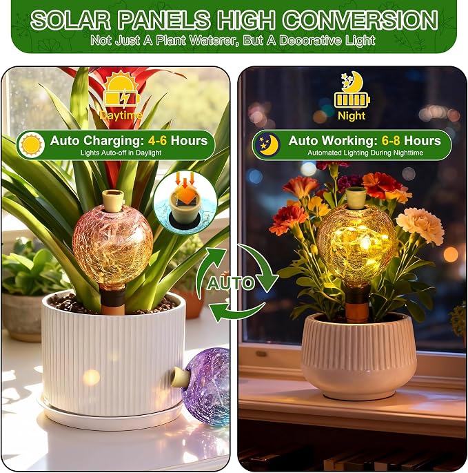VOREEN Crackle Glass Plant Watering Globe with Terracotta Spike,Self-Watering Irrigation for Potted Plants, with Solar Accent Light for Indoor & Outdoor Décor, 17oz, Yellow–Pink Gradient