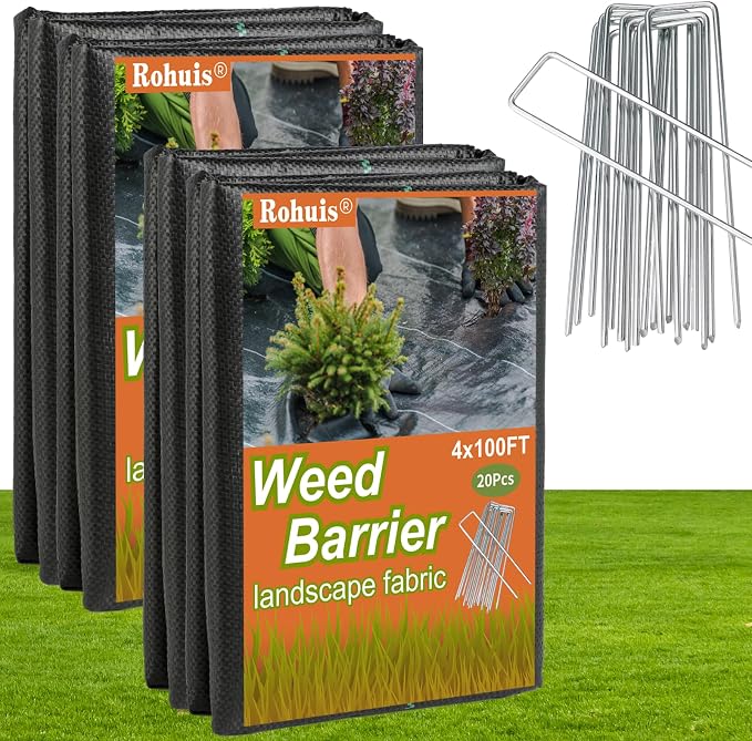 Rohuis Weed Barrier Landscape Fabric 4ft x 100ft, 3.2OZ Heavy Duty Woven Ground Cover for Garden Beds, Gravel Paths, Driveways and Rock Landscaping, Permeable Weed Control Mat with 20 U-Shaped Pegs