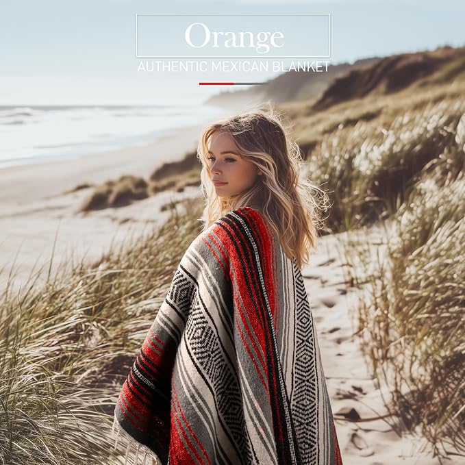 Hydration Nation Authentic Extra Large Mexican Blanket (70"x50") - Handwoven Yoga, Serape - Artisanal Falsa, Beach, Camping, Picnic, Outdoor(Orange)