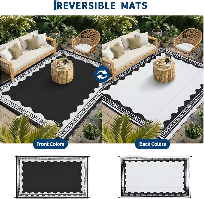 Garvee Outdoor Rug 8x10 Scalloped Waterproof Patio RV Outdoor Rugs Reversible Foldable Plastic Straw Rug Modern Camping Carpet for Deck Camper Porch Balcony Backyard Picnic Beach Black and White