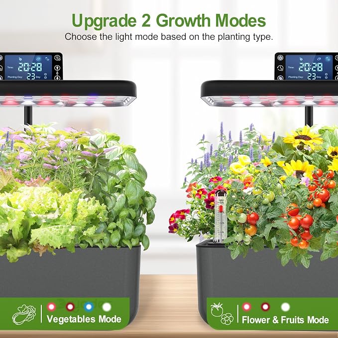Hydroponics Growing System Kit with Seeds, 12-Pod Indoor Garden with 24W Full-Spectrum LED Grow Light, Smart LCD Control and 7L Water Tank for Herbs, Lettuce, Vegetables and Flowers(Black)