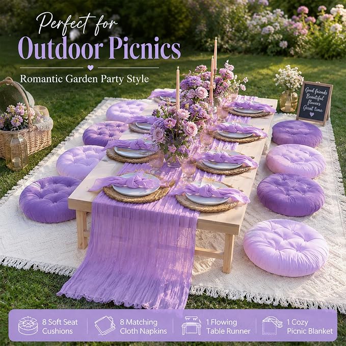 Beeveer 71x118'' Extra Large Outdoor Picnic Blanket with Light Purple Table Runner 8 Napkins and 8 Purple Floor Pillow Cushions for Picnic Party Camping Wedding Bachelorette Birthday Baby Shower Decor