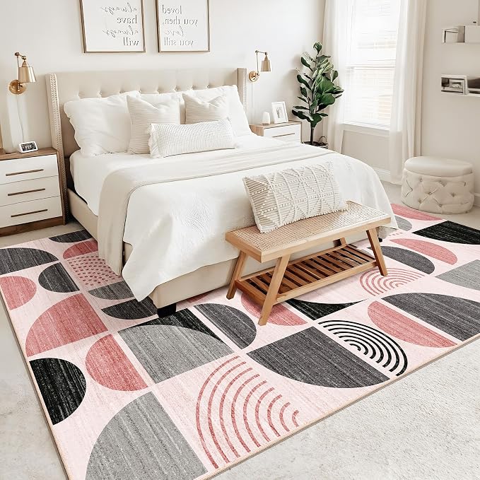 Pink Washable Rugs 9x12,Boho Area Rugs Non Slip Modern Abstract | Large Throw Carpet for Living Room Bedroom Dining Room Soft Low Pile Floor Indoor Bohemian Pink and Grey