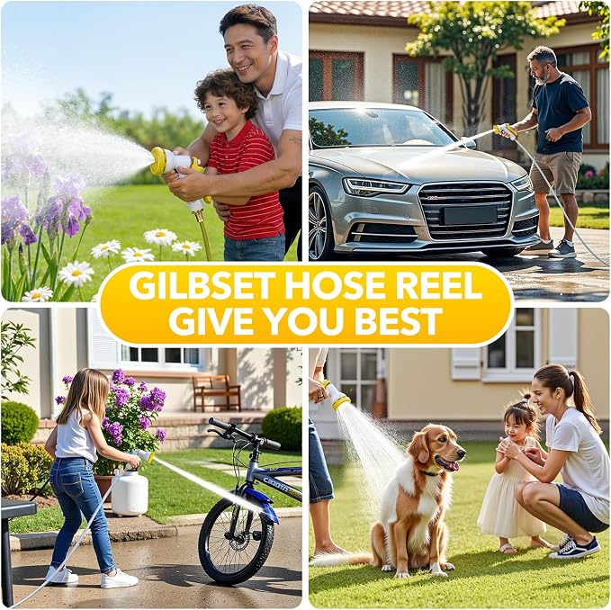 130 ft x 1/2" Retractable Garden Hose Reel, Heavy Duty Water Hose Reel Wall Mounted, Any Length Lock, 180°Swivel, Water Hose with 8-Function Nozzle for Cleaning, Watering (Yellow)