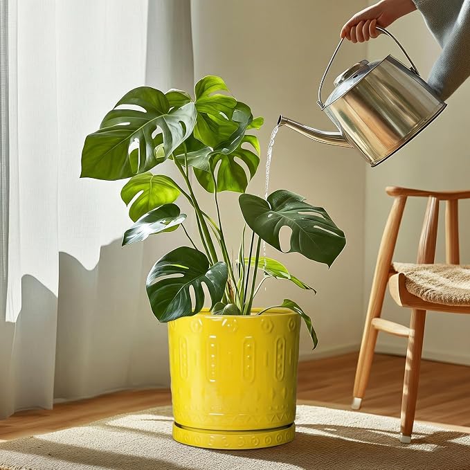 Eightpot Plant Drip Trays, 11.4 Inch Plant Saucers for Indoors, Ceramic Plant Saucers for Outdoors, Round Plants Plates to Catch Water, Boho Decorative Plants Dishes to Catch Water, Yellow