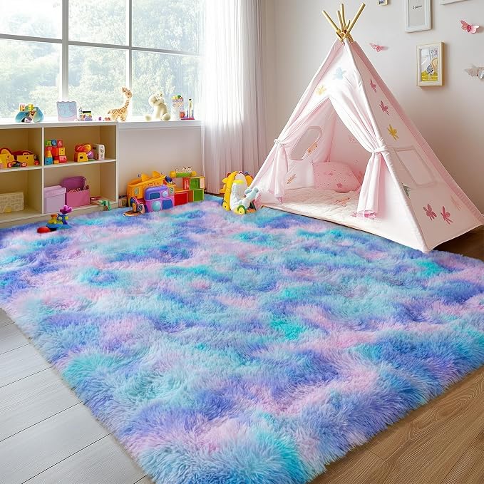 Fluffy Shag Rugs for Living Room 6x9 Purple Rainbow Washable | Upgrade Non-slip, 6 x 9 Large Big Shaggy Area Rug for Girls Bedroom Nursery, High Pile Plush Carpet for Kids Room Dorm