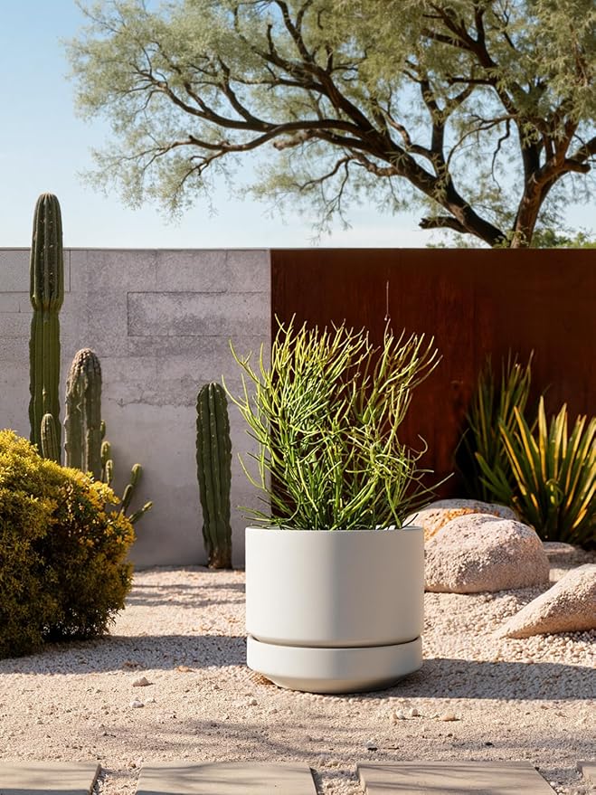LE TAUCI Large 14 Inch Plant Pot with Saucer | Ceramic Outdoor & Indoor Big Planter Pot | Drainage Hole, Mesh Pad | Unglazed Porous | Modern Minimalist for Home and Patio – Chalk White