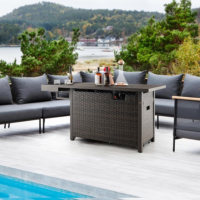 Tangkula Patio Propane Fire Pit Table, 52 Inch Wicker Gas Fire Pit with Wind Guard & Extended Shelf, 50,000 BTU Heat Output, Rectangular Fire Table with Blue Fire Stone & Waterproof Cover (Brown)