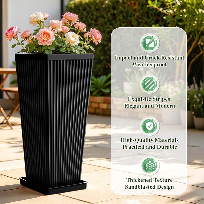 Square Tall Planters for Outdoor Plants Set of 2 - Fluted Large Outdoor Planters for Porch with Tray Saucers and Drainage Holes, Tapered Tall Indoor Flower Pots for Patio Garden, Black
