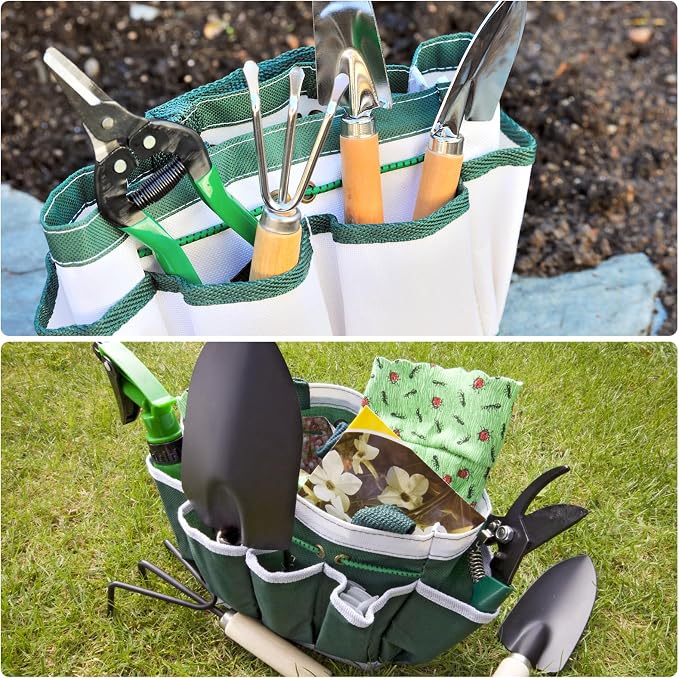 HARFINGTON 2pcs Garden Tool Bag 13.19" x 3.94" x 9.45" Large Oxford Tote Bag with Pockets Gardening Plant Tool Organizer Storage Carrier Store for Outdoor Women Men, Pink