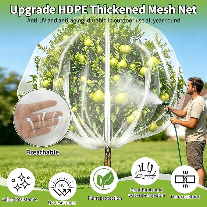 15×15FT Extra Large Fruit Tree Netting with Double Zipper and Drawstring, Durable Mesh Cover for Birds Squirrels Deer & Cicadas, Reusable Plant Protection Net for Garden Bushes