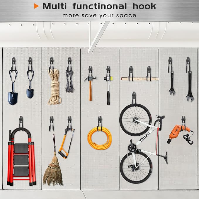 Garage Tool Hooks Wall Mount, 6 Pack Heavy Duty Storage Hooks for Garden Tools, Wall Hooks for Garden Hoses, Brooms, Ladders, Garage Storage and Organization Accessories