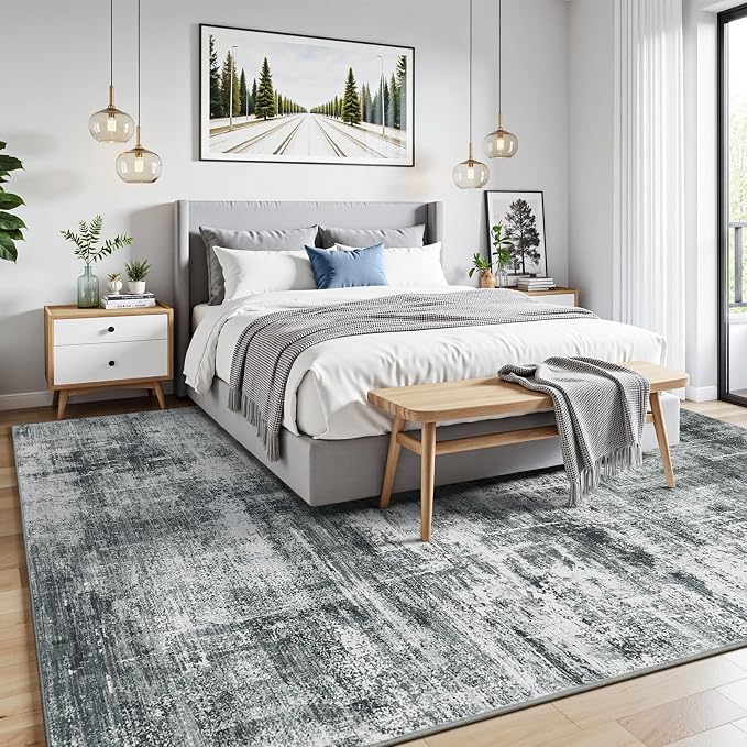8x10 Area Rug for Living Room, Abstract Washable Non-Slip Large Rugs, Grey | Neutral Carpets for Bedroom, Dining Room, Home Office Nursery Indoor, Stain Resistant, Low Pile, Non-Shedding Modern Rug