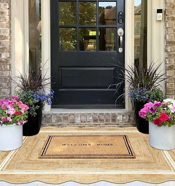 3x5 Entryway Rug - Small Washable Front Door Mat Outside Entrance | Non-Slip Indoor Outdoor Mats for Front Door Jute-Look Neutral Porch Rug Scalloped Rugs for Entryway Kitchen Mudroom Decor