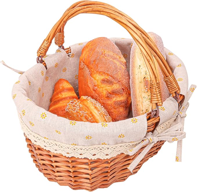 Wicker Picnic Basket with Double Folding Handles, 13.9 x 11.4 x 6.7 Inch | Hand Woven Easter Basket, Natural Willow Picnic Basket with Handle, Woven Picnic Hamper for Outdoor Camping