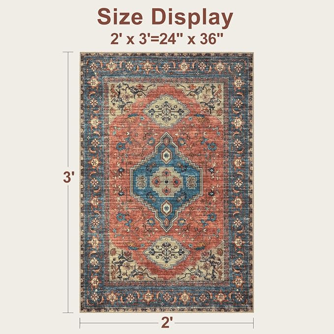Tangsoo Oriental 2x3 Washable Entryway Rugs, Non Slip Small Area Rug | Vintage Indoor Front Door Rug, Boho Print Door Mat Low Pile Throw Rugs for Entrance Entry Kitchen Bedroom Bathroom Terracotta