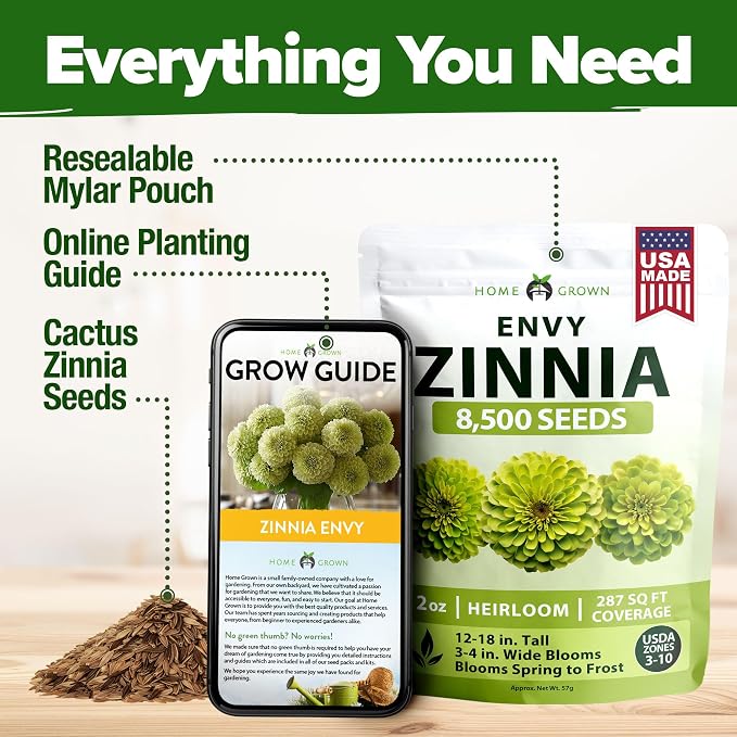 HOME GROWN Envy Zinnia Seeds (2oz) – 8,500 Rare Lime Green Annual Zinnia Flower Seeds for Planting, Fast-Growing Bulk Seed Variety, Premium Garden Companion for 2026 Bloom (Zinnia elegans)