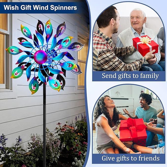 360°Peacock Solar Wind Spinner with Lights Blue Metal Garden Outdoor Decor Yard Lawn Art Decor for Patio Kinetic Windmills Unique Gifts for Friends and Family 51.9' H x 12.2'' Dia