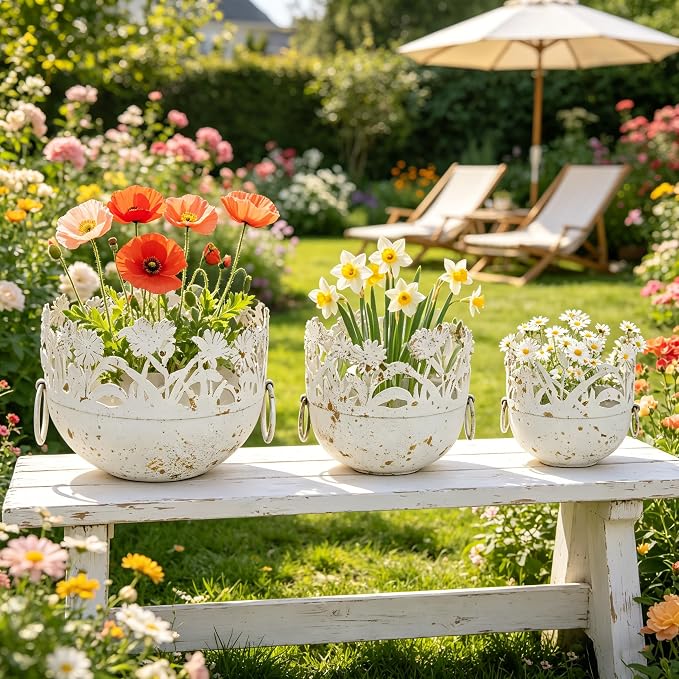 Vintage Metal Planter Set of 3, Rustic Distressed Flower Pots with Handles Farmhouse Floral Cutout Plant Containers for Indoor & Outdoor Garden Decor