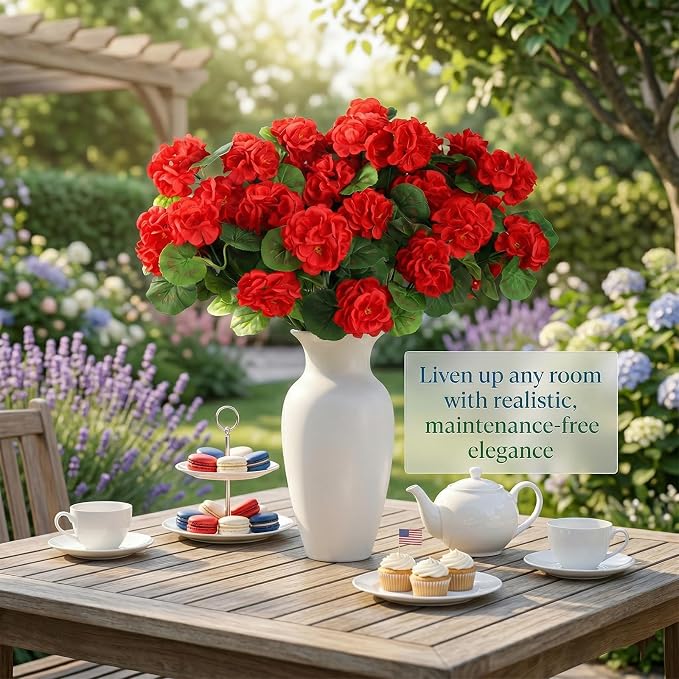 24 Pcs Artificial Geranium Flowers for Outdoor, UV Resistant Geraniums Artificial Flowers Realistic Faux Flowers Outdoor for Planters Outside Porch Garden Decor (15.3", Red)