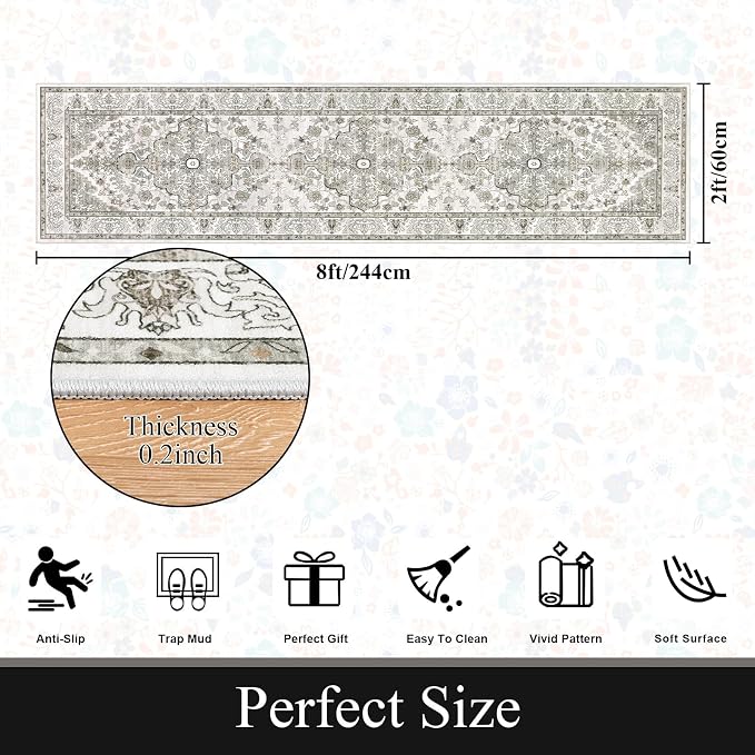 U'Artlines 2' x 8' Boho Hallway Runner Rug, Non Slip Runners, Grey Taupe | Washable, Vintage Farmhouse Kitchen Rug, Accent Area Carpet, for Entryway Laundry and Living Room