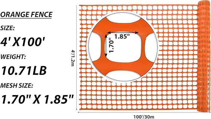 PotatoLife Plastic Mesh Fence Safety Fence, 4'x100' Roll with 100 Zip Ties, Resuable Temporary Netting for Garden Fencing, Construction, Snow Fencing, Animal Barrier, Poultry, Deer, Patio, Orange
