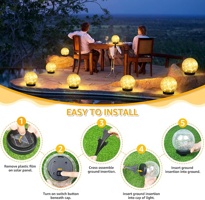ASOMST 2-Pack Garden Solar Lights Outdoor, Cracked Glass Ball Light Waterproof, Decorative Solar Globe Lights Warm White for Yard Pathway Patio Lawn