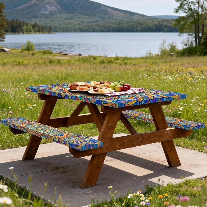 Fitted Picnic Table Cover with Bench Covers,Bohemian Waterproof Elastic Edges Rectangle Patio Tablecloth Outdoor Camping Essentials Stuff Rv Accessories Summer Travel Trip Camper Gifts