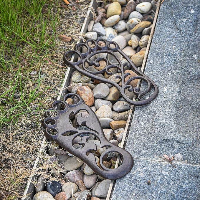 Sungmor Heavy Duty Cast Iron Stepping Mats for Front Door, 2PC 11.8 Inch Long Sturdy Metal Left & Right Footprint Stepping Stone, Retro Elegant Decorative Mat for Garden Lawn Panel Walkway Landscaping
