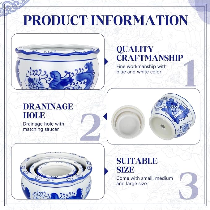 Briwooody Set of 3 Blue and White Porcelain Flower Pots 7.2'' 6'' 4'' Decorative Chinoiserie Plant Pots with Drainage Hole Saucers Ceramic Planters for Indoor Garden(Elegant Style)