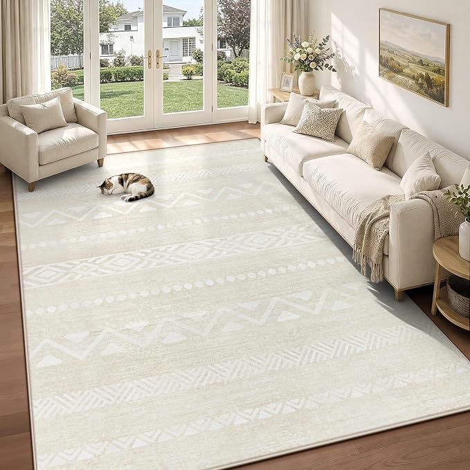 Zomfy Washable Rug 6x9 Area Rugs for Living Room(Beige, 6'x9') | Geometric Boho Modern Rugs Neutral Non Slip Soft Carpet Low Pile No Shedding Print Rug for Bedroom Dining Room Home Office