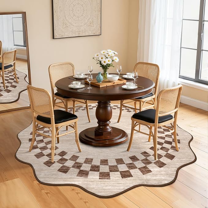 GarveeHome Scalloped Round Rug 4ft Non Slip Modern Solid Color Circle Rugs | Low Pile Living Room Throw Carpat Washable Bedroom Scalloped Round Area Rug Stain Resistant Bordered Rug for Kitchen, Beige