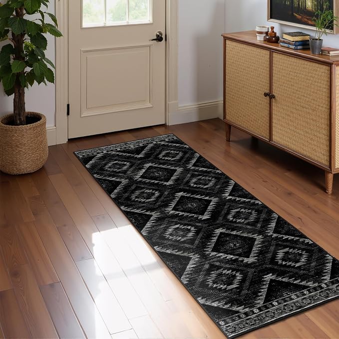 2'x8' Washable Area Rug for Living Room Runner Black | Soft Western No Slip Low Pile Print Foldable Indoor Small Rug for Kitchen entrance entryway hallway