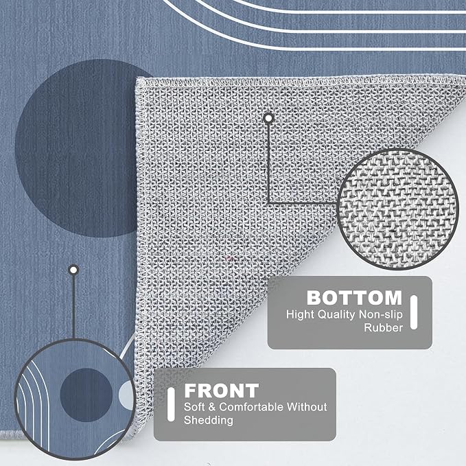 Boho Runner Rug 2x6 Modern Geometric Abstract Rug for Hallway Kitchen Bedroom Dusty Blue Mid Century Modern Runner Machine Washable Non-Slip Printed Low-Pile Long Floor Carpet for Bathroom Laundry