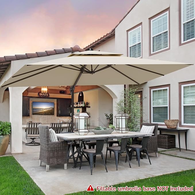 9x12FT Cantilever Patio Umbrella - Heavy Duty Double Layer Offset Design with 360° Rotation, Large Rectangle Sun Shade Umbrella for Garden, Deck, Pool, Backyard, Beige