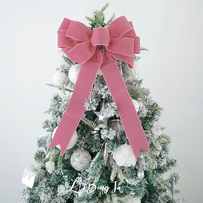 13" Dusty Rose Pre-Tied Velvet Bow For Christmas Tree, Pink Bow For Wreaths, Wedding, Premade Bows with Twist Tie, Tree Toppers Bows for Party Favor, Christmas Home Indoor Outdoor Decor-1 PCs