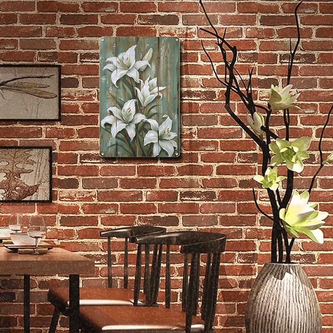 Metal Sign Tin Sign Vintage Wall Art Shabby Chic Lily Tin Sign for Vintage Botanical Decor Rustic Elegance and Distressed Wood Panels Tin Sign for Room 8×12 Inches