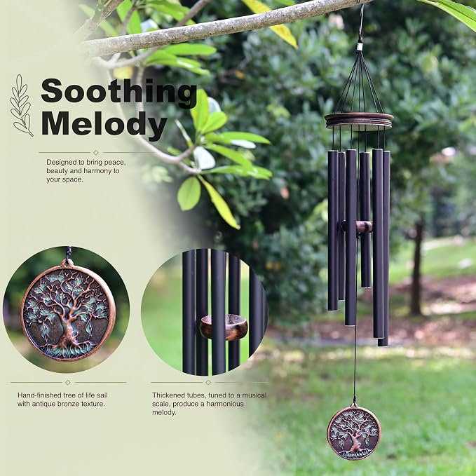 Vanquer Large Wind Chimes for Outside Deep Tone - 34'' Wind Chimes Outdoor Clearance, Tree of Life, Memorial, Sympathy Gift, Patio, Home Décor, Vintage Black (34" Tree of Life)