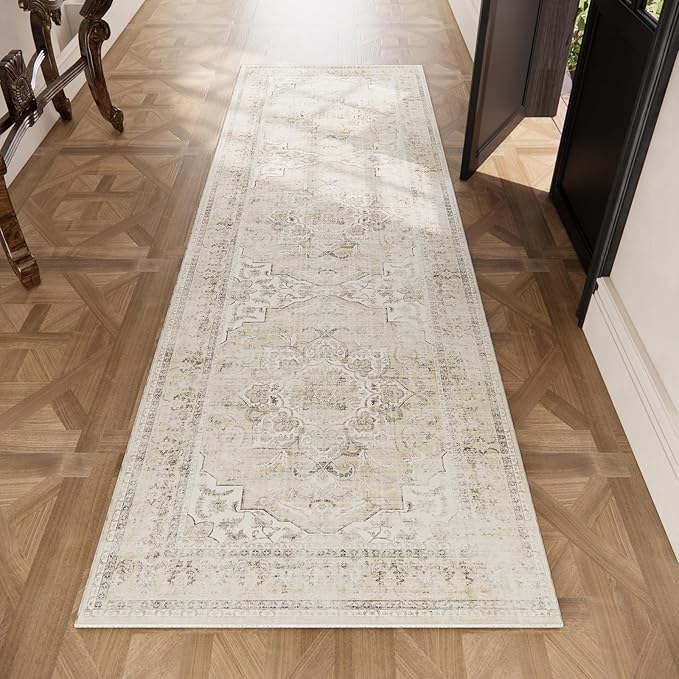 Machine Washable Runners Rug for Hallway: 2'6"x8' Kitchen Runner Rugs with Rubber Backing Non Slip Low Pile Soft Faux Wool Boho Floor Rug Carpet Runners for Hallways Entryway Bedroom Kitchen Farmhouse