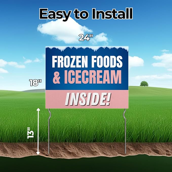 Frozen Foods & Ice Cream Inside! Yard Sign by DC | 24"x18" Double Sided Conv. Store Garden Sign with 13” Metal Stakes | Outdoor Signs Waterproof for Lawn, Patio, Sidewalk & House | Set of 3
