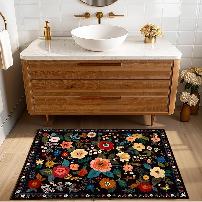 RELEANY Floral Washable 2x3 Area Rugs Doormat Black | Flower Carpet, Print, Boho, Non-Slip, Easy to Clean, Soft, Low Pile for Living Room Bedroom Kitchen Office Entryway Hallway