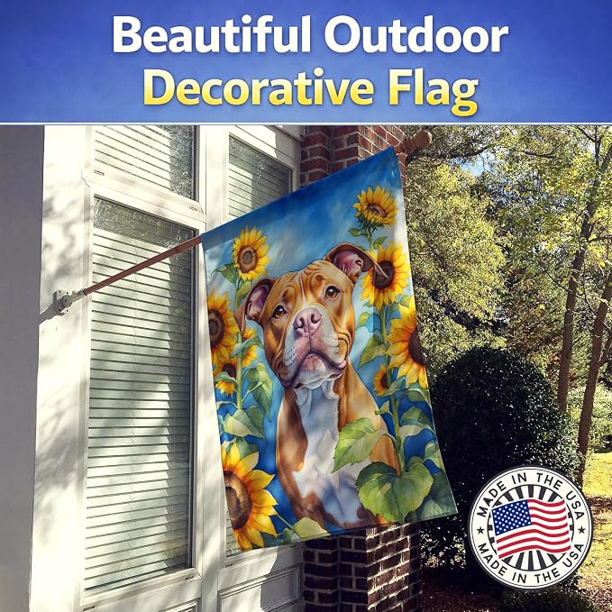 Caroline's Treasures DAC6133CHF Pit Bull Terrier in Sunflowers House Flag Large Porch Sleeve Pole Decorative Outside Yard Banner Artwork Wall Hanging, Polyester, House Size, Multicolor