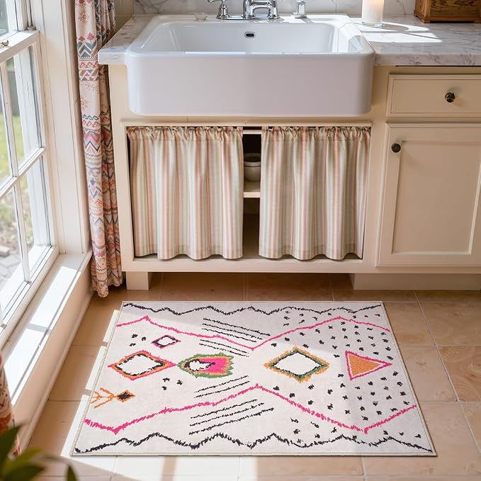 jinchan 2x3 Hot Nerd Rug Modern Boho Geometric Washable Entryway Rug，Beige | Abstract Pattern, Tribal Inspired, Diamond Accents, Washable, Soft Texture, Non-Slip, Low Pile, Kitchen, Bathroom